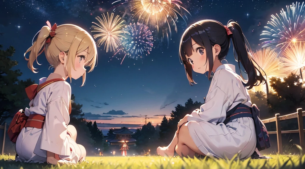 Japanese Fireworks、Girl in yukata、A bright and proactive girl、Girl looking up at night sky、Girl sitting on the grass watching fireworks、Profile of a girl