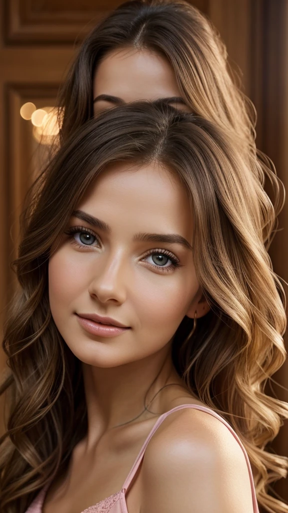 (Lidiia Filippova:1.2), (Keilih Stafford:0.9), (Felicity Fey:0.5), beautiful young woman, pink top, long wavy hair, warm soft lighting, detailed facial features, detailed eyes and lips, natural skin tones, flawless complexion, gentle smile, feminine pose, elegant fashion, instagram social media post, high quality, 8k, photorealistic, realistic painting, warm color palette, cinematic lighting