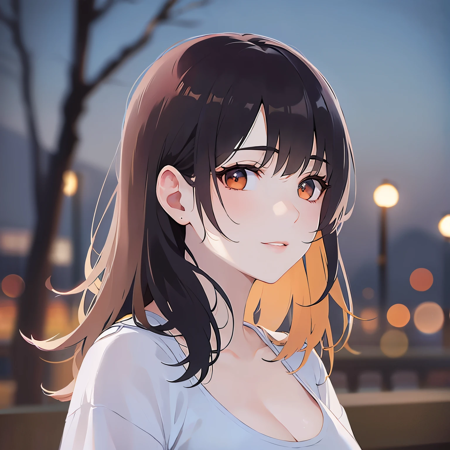 look far away,upper body,profile、
 Realistic, real person, (pale skin: 1.2), RAW photo, photorealistic, shiny skin, shiny hair、
(A 25-year-old woman with bob hair and bangs) and (wavy hair) and (brown hair) and (Orange Eyes)、(white) and (T-Shirts)、（Cleavage：1.5）、
smile,Midnight in the Park、Night Sky