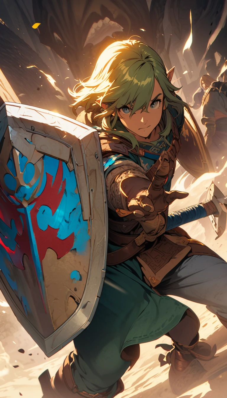 The Legend of Zelda,warrior,Sword and Shield,High Saturation,CG Art, Makoto Shinkai's photo, pure, Concept Art, Lofi Art style,Shinkai Makoto animation art style, Lofi Art, Beautiful anime scene, Anime Landscape, Detailed scenery, Makoto Shinkai's style, Makoto Shinkai's style, Enhance Details