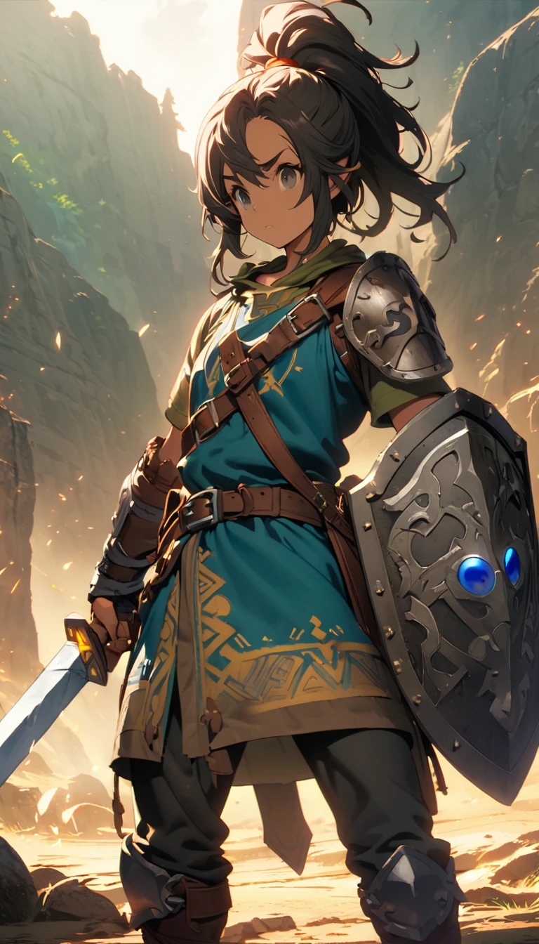 The Legend of Zelda,warrior,Sword and Shield,High Saturation,CG Art, Makoto Shinkai's photo, pure, Concept Art, Lofi Art style,Shinkai Makoto animation art style, Lofi Art, Beautiful anime scene, Anime Landscape, Detailed scenery, Makoto Shinkai's style, Makoto Shinkai's style, Enhance Details