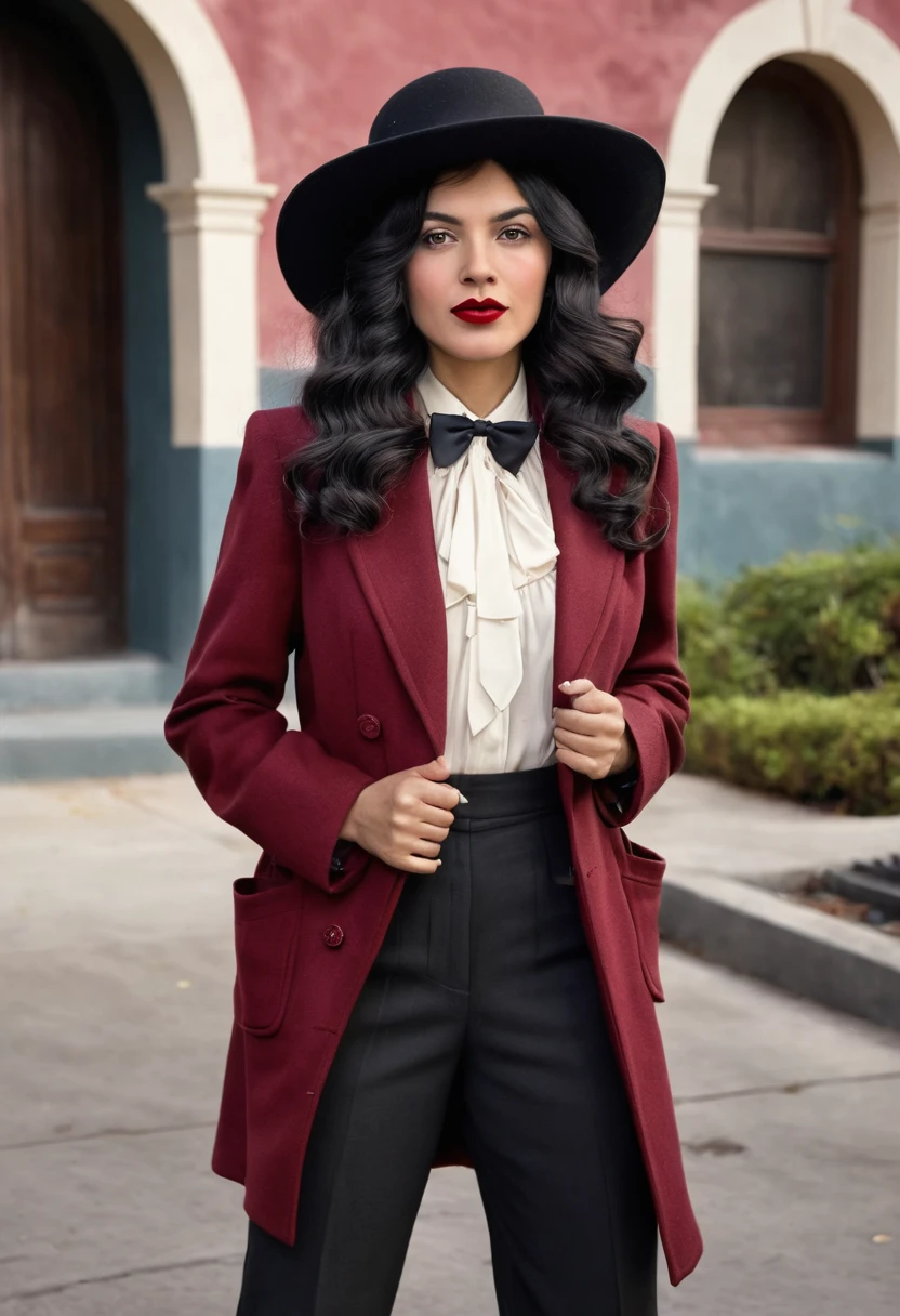 Create a realistic image of a 1930s Colombian woman with long wavy black hair and hairstyle , With light brown eyes, black dress pants, white blouse with bow tie , marsala red coat, black boots up to the ankle, coconut hat on head red lipstick, with pistol not in hand. 