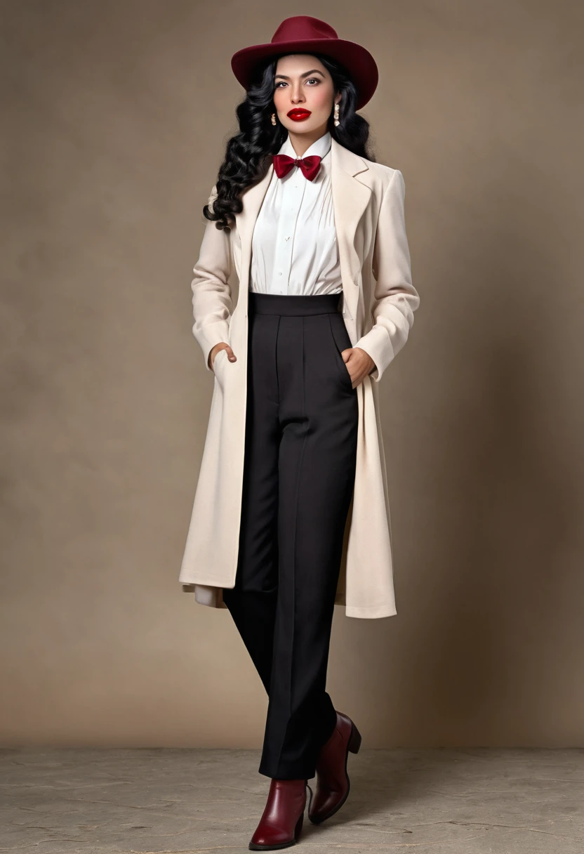 Create a realistic image of a 1930s Colombian woman with long wavy black hair and hairstyle , With light brown eyes, black dress pants, white blouse with bow tie , marsala red coat, black boots up to the ankle, coconut hat on head red lipstick, with pistol not in hand. 