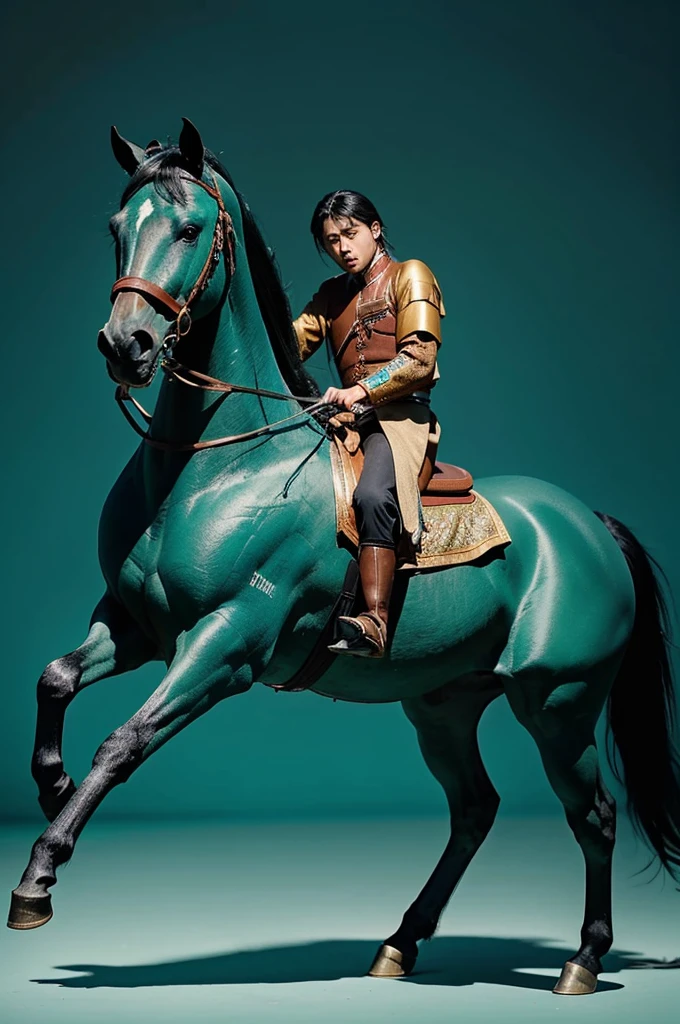 The bronze galloping horse of the Eastern Han Dynasty, in turquoise green, was a boy of twenty years old, with the same hands and feet, all over his body, with a simple background,