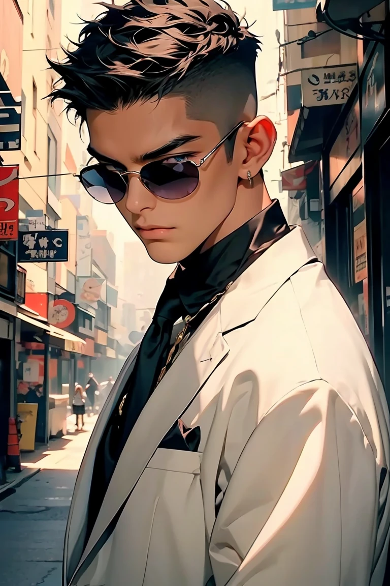 highest quality, 8K, high resolution image, anime style Jujutsu Kaisen, detailed strokes, slightly tanned skin, blurry, purple light reflecting from it, (close angle), 1 man, young, male, model, cool guy, muscular, shaved body, smile, blue Eyes, brown very short hair, brown hair, short hair, hairstyle: undercut, swollen chest, he is wearing a white shirt collared shirt hair slicked backblack suit, hand in trouser pocket, gold link chain, sunglasses, background: City, big city streets