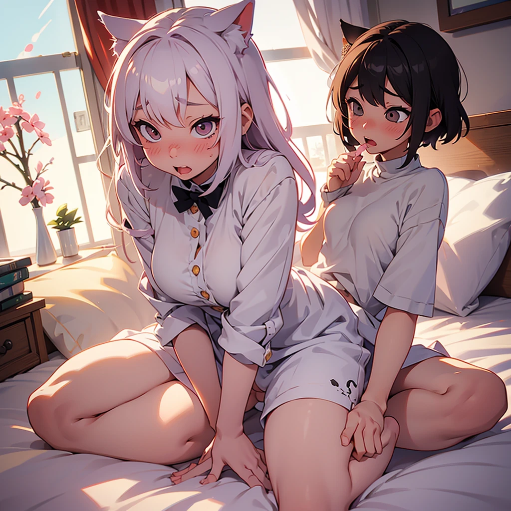 Futanari、Big cock、penis、Shemale、White cat girl、Cat Character、naked、bed、Sit with your legs apart、Big Breasts、Big、Open the vaginal opening、Squirting、Semen dripping、、Blow out、Sigh、Masturbation、Touching the penis with your hand、Squeeze your penis、blush、sexy、Ahegao、Ecstasy face