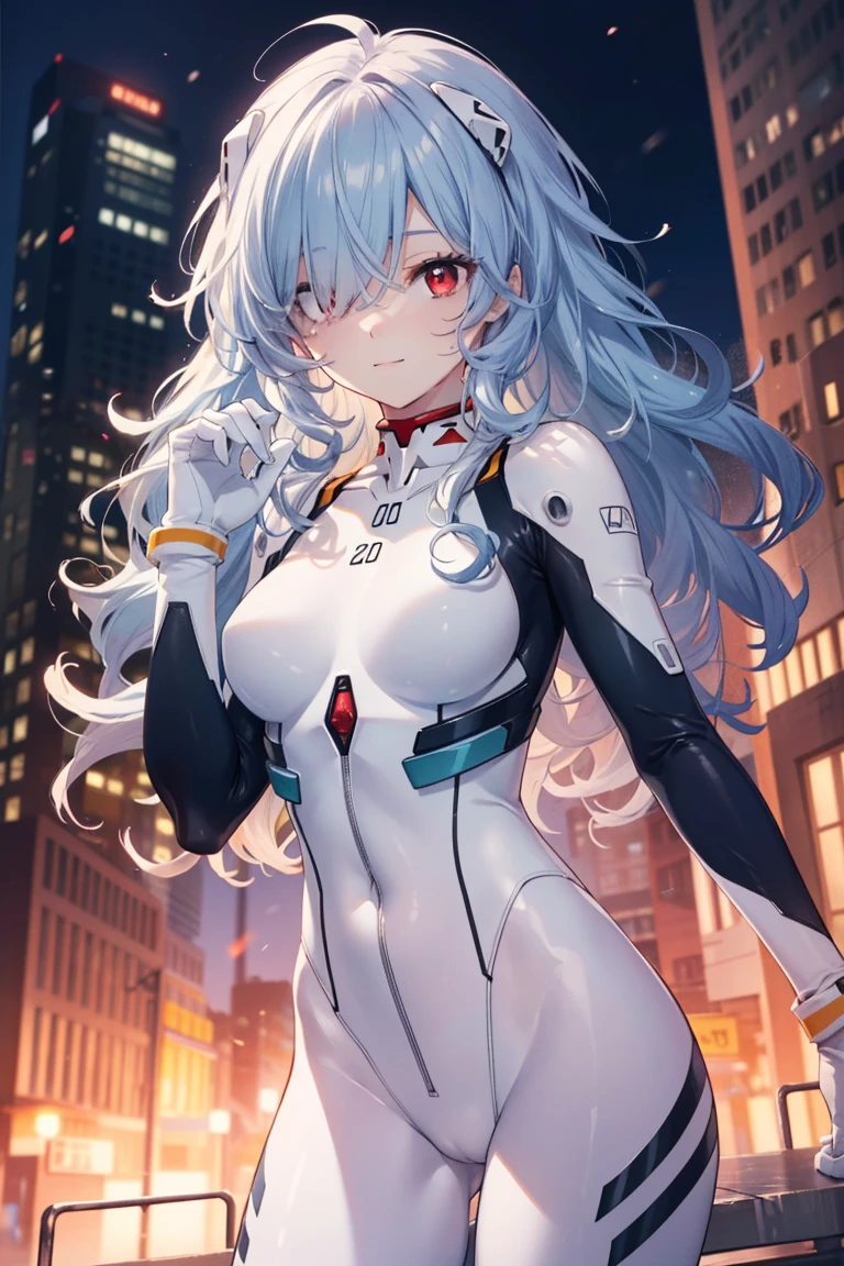 reiayanami, Rei Ayanami, Blue hair,(Long_messy_hair:1.4),(curly hair:1.4), (Red Eyes:1.5),light_smile,(half_eye:1.5)
BREAK bodysuit, headgear, plugsuit, White bodysuit,cowboy_shot,
BREAK outdoors, city,
BREAK looking at viewer, 
BREAK (masutepiece:1.2), Best Quality, High resolution, Unity 8k Wallpaper, (Illustration:0.8), (Beautiful detailed eyes:1.6), extra detailed face, Perfect Lighting, extremely details CG, (Perfect hands, Perfect Anatomy),