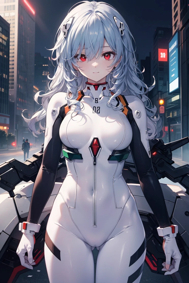 reiayanami, Rei Ayanami, Blue hair,(Long_messy_hair:1.4),(curly hair:1.4), (Red Eyes:1.5),light_smile,(half_eye:1.5)
BREAK bodysuit, headgear, plugsuit, White bodysuit,cowboy_shot,
BREAK outdoors, city,
BREAK looking at viewer, 
BREAK (masutepiece:1.2), Best Quality, High resolution, Unity 8k Wallpaper, (Illustration:0.8), (Beautiful detailed eyes:1.6), extra detailed face, Perfect Lighting, extremely details CG, (Perfect hands, Perfect Anatomy),