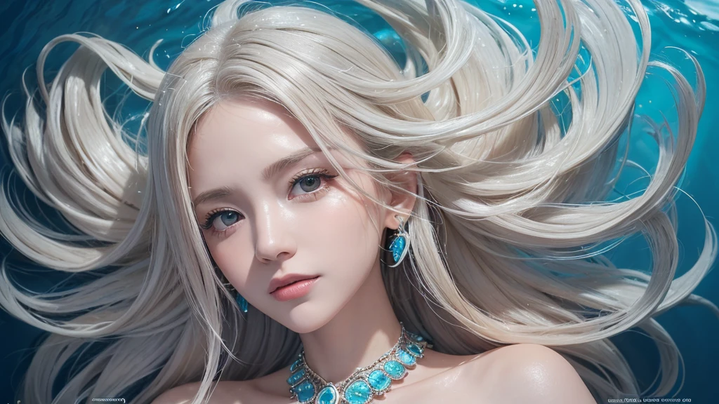 um close up de jennie kim com longos cabelos brancos usando um vestido, sereia bonita, trends on cgstation, fantasy closeup with water magic, rainha do mar jennie kim, linda arte digital, Estilo de arte fantasia, exquisite digital illustration, jennie blackpink, jennie com cabelo branco, cabelo longo branco detalhado, Arte detalhada de alta qualidade 8k, de cabelos brancos