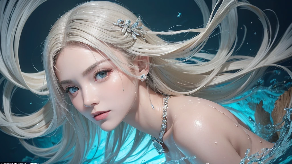 (Highest Quality Realistic Textured Skin),(terrible),(OK, round, Symmetrical eyes),Delicate facial features,(Burning bright cold eyes),(She has a mischievous smile),(Her face is kind and beautiful),Glass earrings in the ears,,(blonde),(Silvery white hair),(Chestnut Hair),(Swim at the bottom of the ocean),(Full body portrait:1.5),(Dramatic Photos:1.4),(Dramatic Pose),(Flashy photos)(look up),(Looking down),(Around her neck is a simple necklace made with exquisite craftsmanship.),Cluttered photos,(Hair flowing in water:1.5),(Underwater, Life at sea, 美しいCoral Reef, fish),(Background vortices and currents),(Dramatic Light),(Nice views),(美しいfishに囲まれて),遠くの背景にはCoral Reefに沈んだ寺院が見える,Coral Reef,Spectacular realism,Cinematic atmosphere,(High-density image review:1.5),(Soft colors:1.2),Very detailed,Dramatic Light,(Intricate details:1.1),Complex background,