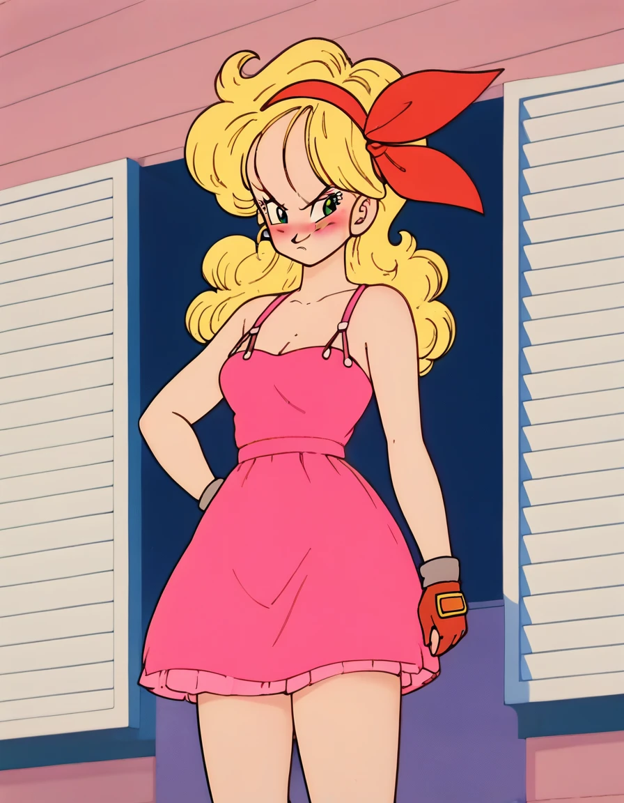 lunch (Dragon Ball) blonde hair, green eyes, standing, upset, blushing, pink dress 3/4, sideways, hands on hips, drop nice perfect, outdoors