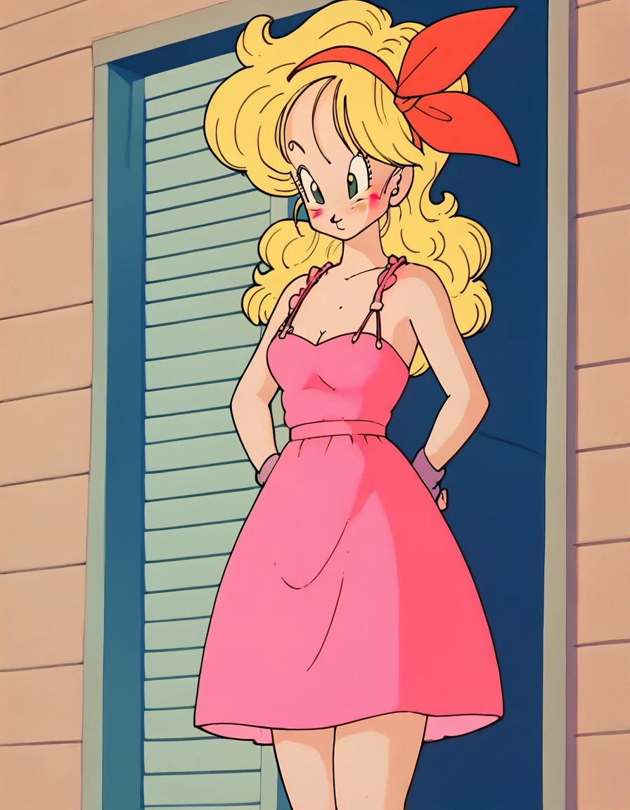 lunch (Dragon Ball) blonde hair, green eyes, standing, upset, blushing, pink dress 3/4, sideways, hands on hips, drop nice perfect, outdoors