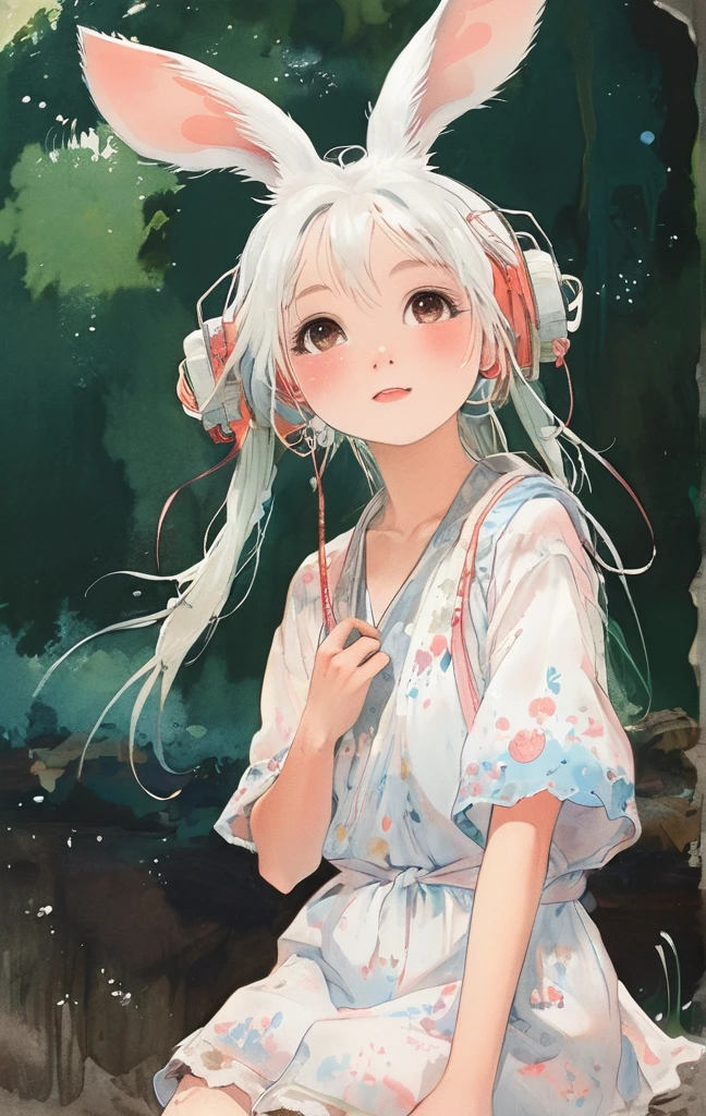 On a bright red campus"YES"Character、beautiful illustration, best quality, cute girl, bedroom, pastel color, fluffy bunny ears, , silver long hair, alert! Dive into the messy and joyful theme of "Playing in Mud" (Playing in the mud). Capture the pure delight and uninhibited fun of people or animals splashing, building, and getting covered in mud.