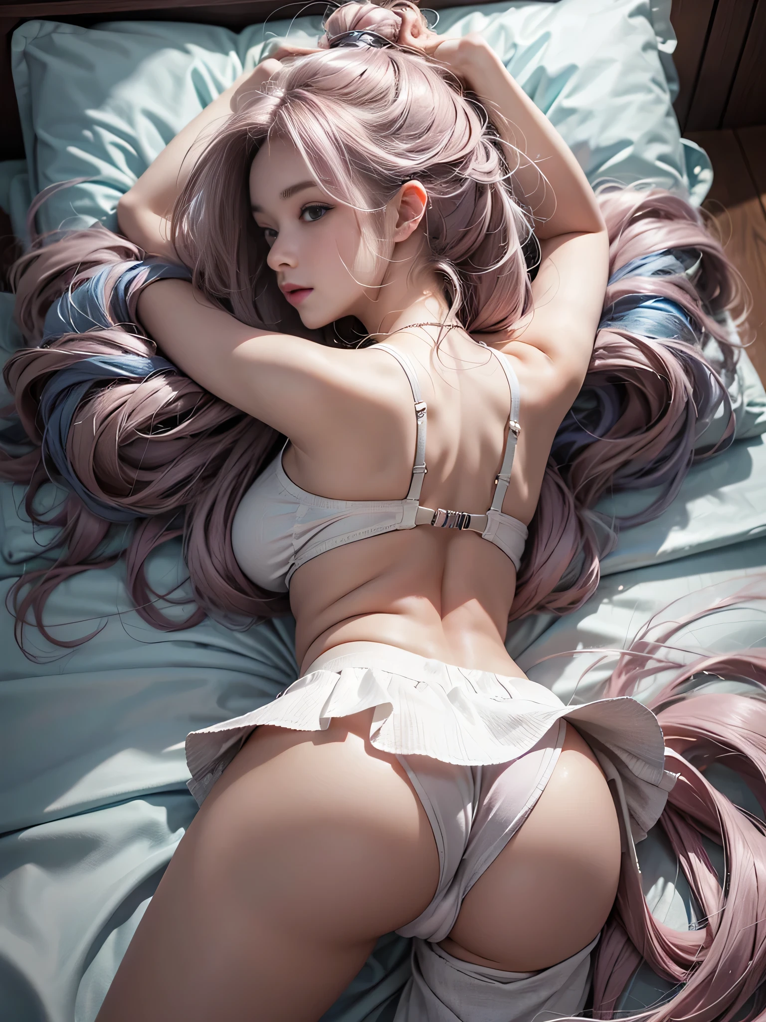 （((on the beds、Woman sleeping face down))）、((posterior view)),(Looks Back)（The back  visible）、（Sleeping face down）1 girl, Silver hair, striated hair, bangs, Blunt bangs, Long hair, Pink hair, aqua eyes, longeyelashes, Purple eyes, makeup, Smile, Parted lips, Realism, Verism, Surrealism, depth of fields, One-person viewpoint, F/1.8, 135 mm, canon, nffsw, retinas, masutepiece, ccurate, Anatomically correct, Textured skin, Super Detail, high details, High quality, Best Quality, hight resolution, 1080P, Hard disk, 4K, 8K、（(Off-the-shoulder pure white hand-knitted sweater dresutt sticking out micro bikini T-back)),((sexypose))、(camel's toe),((No skirt))、(camel's toe),shinny skin。realisitic、Photorealsitic:1.37)、(Kpop Idol)、Medium Hair、(Pink blush)、(illuminating)、(solo)、dynamicposes (slim legs)、erotick、nffsw、Highly detailed ambient occlusion、超A high resolution,