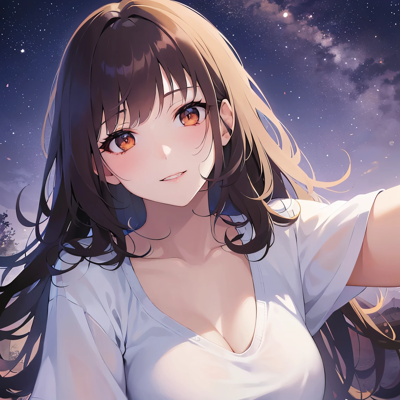 lookin at viewer,upper Body, Looking up、head tilt、
Realistic, real person, (pale skin: 1.2), RAW photo, photorealistic, shiny skin, shiny hair、
(A 25-year-old woman with bob hair and bangs) and (wavy hair) and (brown hair) and (Orange Eyes)、(white) and (T-shirt) and (v neck) 、(Cleavage:1.5)、
smile,Midnight in the Park、(Night Sky:1.5)、star