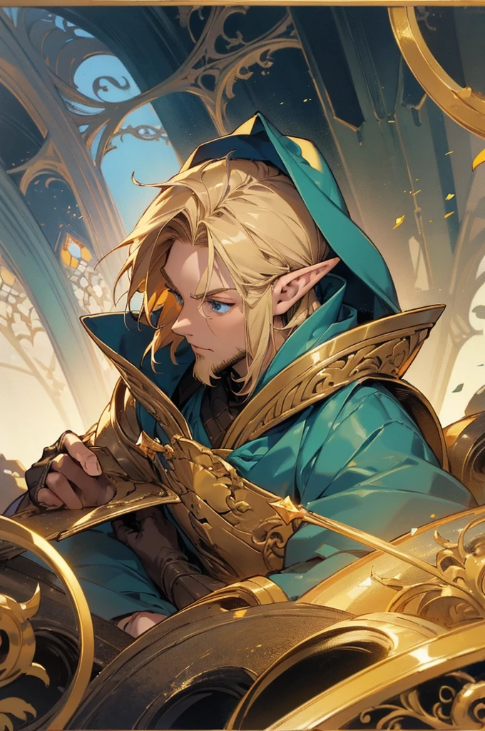 masterpiece, best quality, ultra high resolution, 1man, elven armor, male, fantasy illustration, elf, pointy ears, (old man), art by Kinema Citrus, (dirty blonde hair), baby blue eyes, wrinkles, short beard, perfect eyes