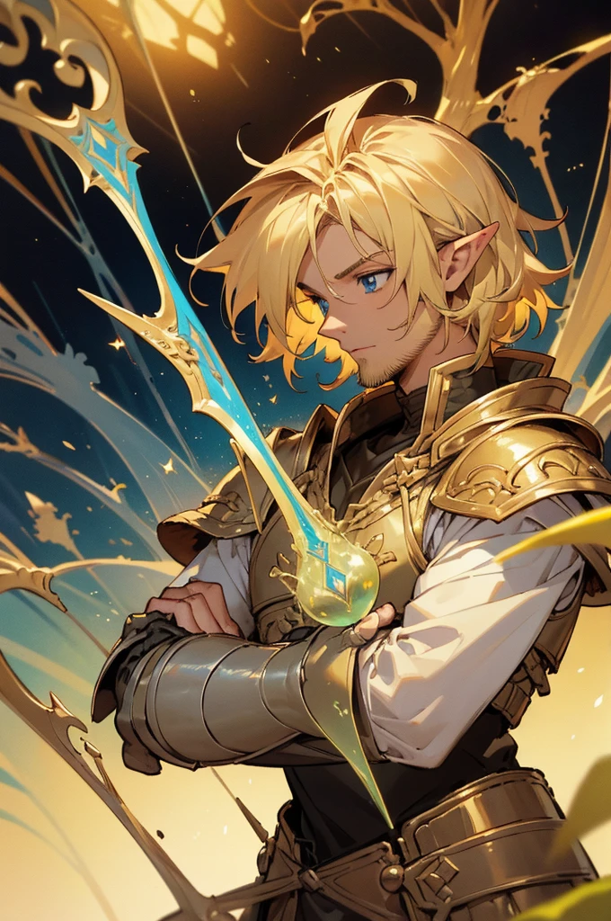 masterpiece, best quality, ultra high resolution, 1man, elven armor, male, fantasy illustration, elf, pointy ears, (old man), art by Kinema Citrus, (dirty blonde hair), baby blue eyes, wrinkles, short beard, perfect eyes