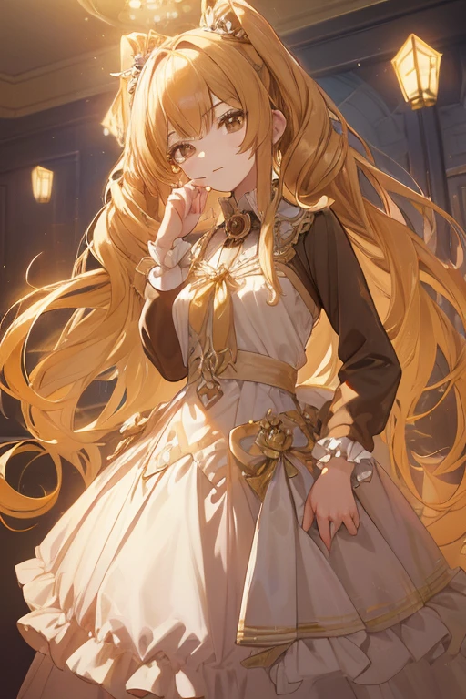 A brown-eyed aristocratic girl with long golden twin tails、Glamorous Dress、arrogant attitude、Fantasy World、Magic Academy Student