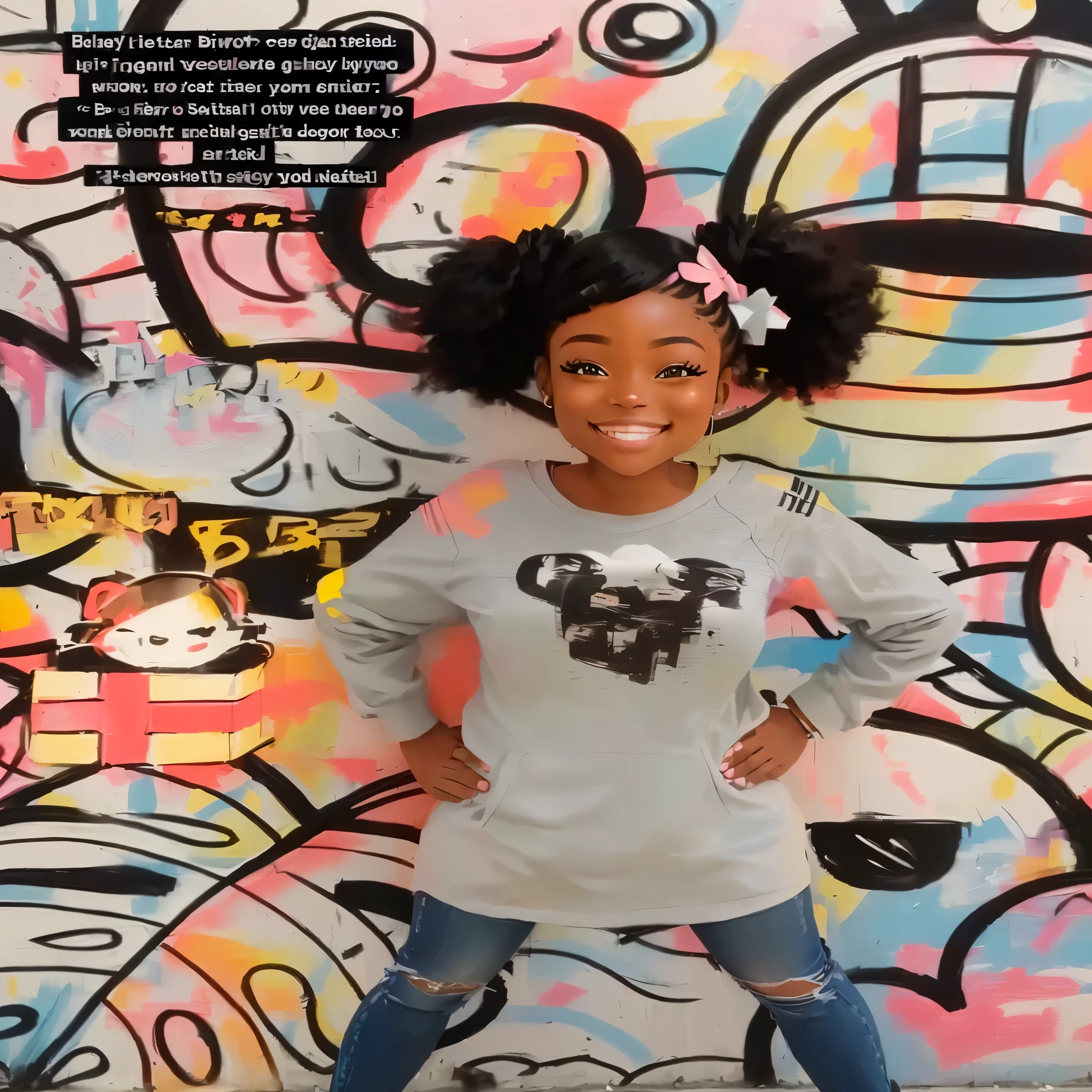 black girl with pigtails, black power hair, smiling, standing against a colorful wall