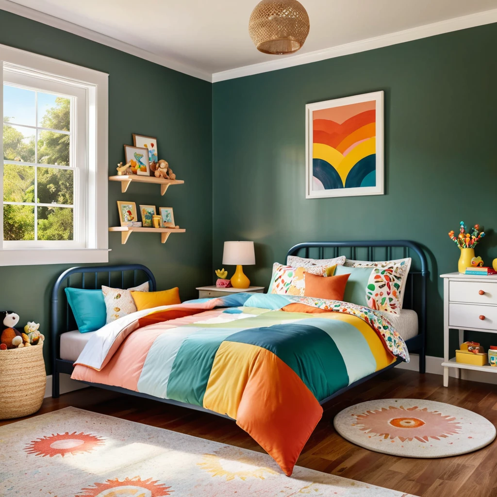 inside of a young childs room, there is a bed with a colorful comforter, painted walls iron bark, radiant morning light, a picture on a nightstand