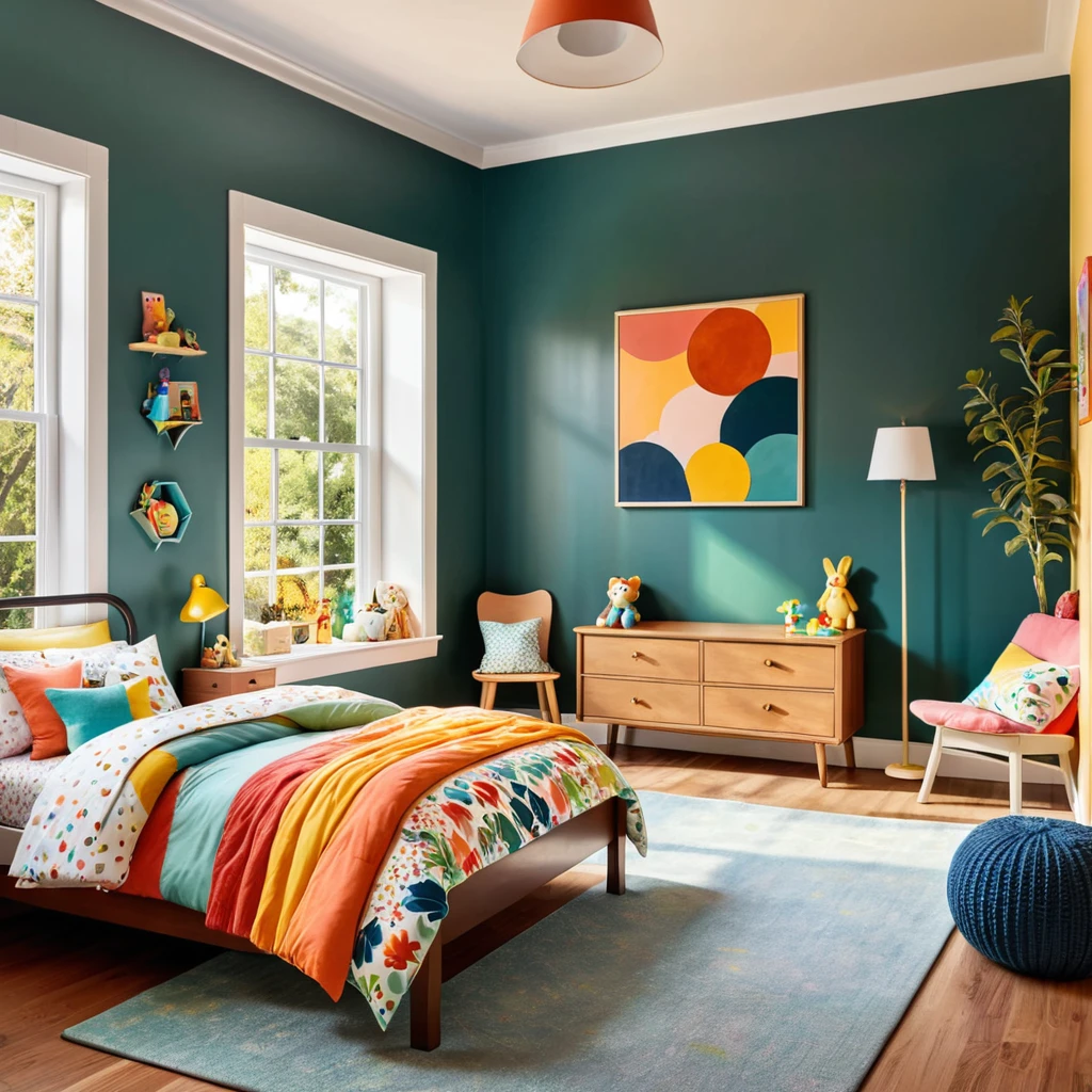 inside of a young childs room, there is a bed with a colorful comforter, painted walls iron bark, radiant morning light, a picture on a nightstand
