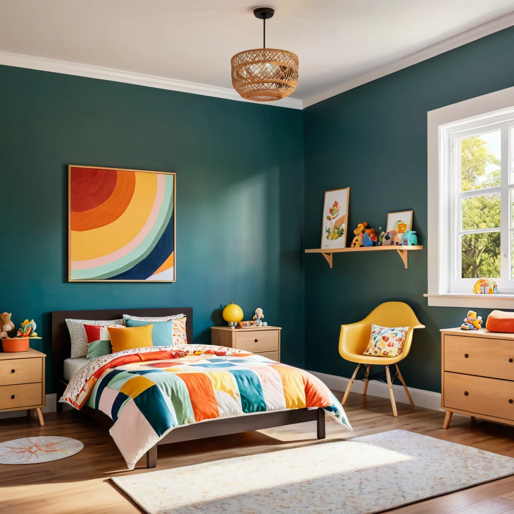 inside of a young childs room, there is a bed with a colorful comforter, painted walls iron bark, radiant morning light, a picture on a nightstand
