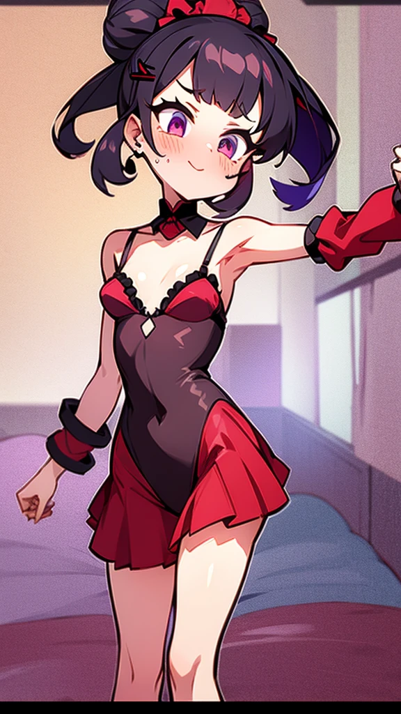 high tail hairstyle, Ponytail hairstyle, Long wavy black hair, standing posing, anime girl style, pixel art anime style,penetrating look with deep eyes,red and purple eyes, hair with a ponytail hairstyle trapped with a big red bun, Women, red hair clips, x color shaped hair clips , smiling face blush, next to his bed , lingerie, sexy maid costume, , Black hair, 