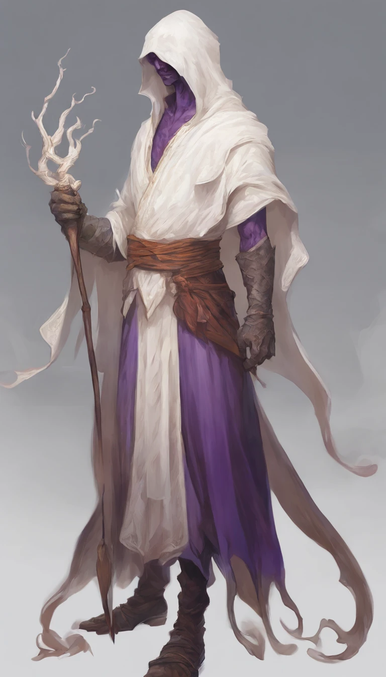 Mind flayer,Inspired by Dungeons & Dragons,Full body concept art illustration of Mind Flayer。The character has human-like proportions,tall、slim and muscular。The character has 4 tentacles extending from its chin,Light purple skin,Almost Blue。The character is dressed in exquisite、Luxurious white academic robes and ornate leather boots。Background is blank