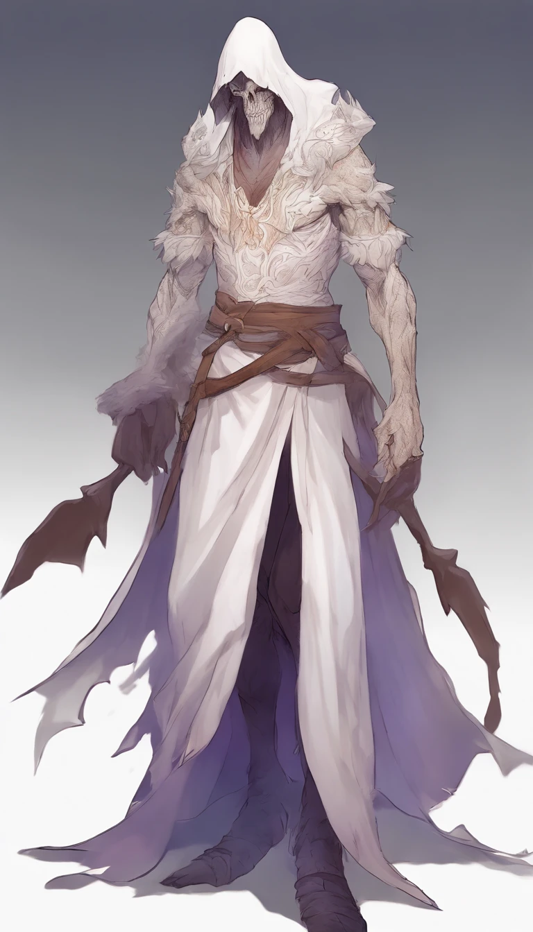 Mind flayer，Inspired by Dungeons & Dragons，Full body concept art illustration of Mind Flayer。The character has human-like proportions，tall、slim and muscular。The character has 4 tentacles extending from its chin，Light purple skin，Almost Blue。The character is dressed in exquisite、Luxurious white academic robes and ornate leather boots。Background is blank
