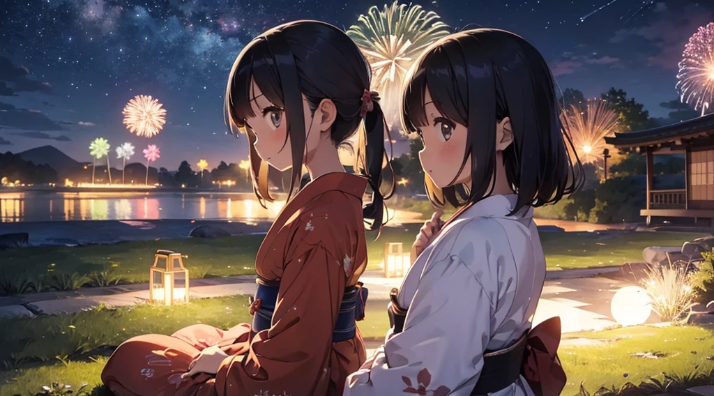 Japanese Fireworks、Girl in yukata、A girl watching alone、Girl looking up at night sky、Girl sitting on the grass watching fireworks、Profile of a girl