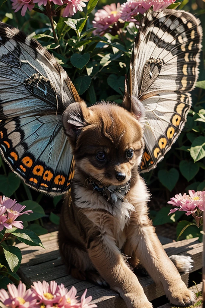 illustration small, fluffy animal with butterfly wings and sparkling eyes, sitting on a flower