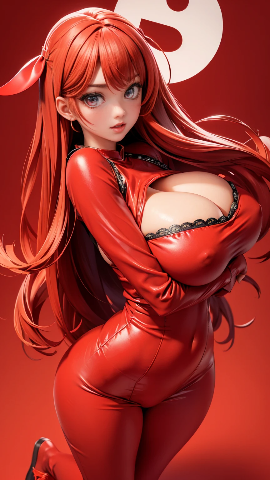 (full_body)、Woman、red_background、(big_breasts:1.5)、Detailed、POP、vivid、pose:1.2、Open chest、idol