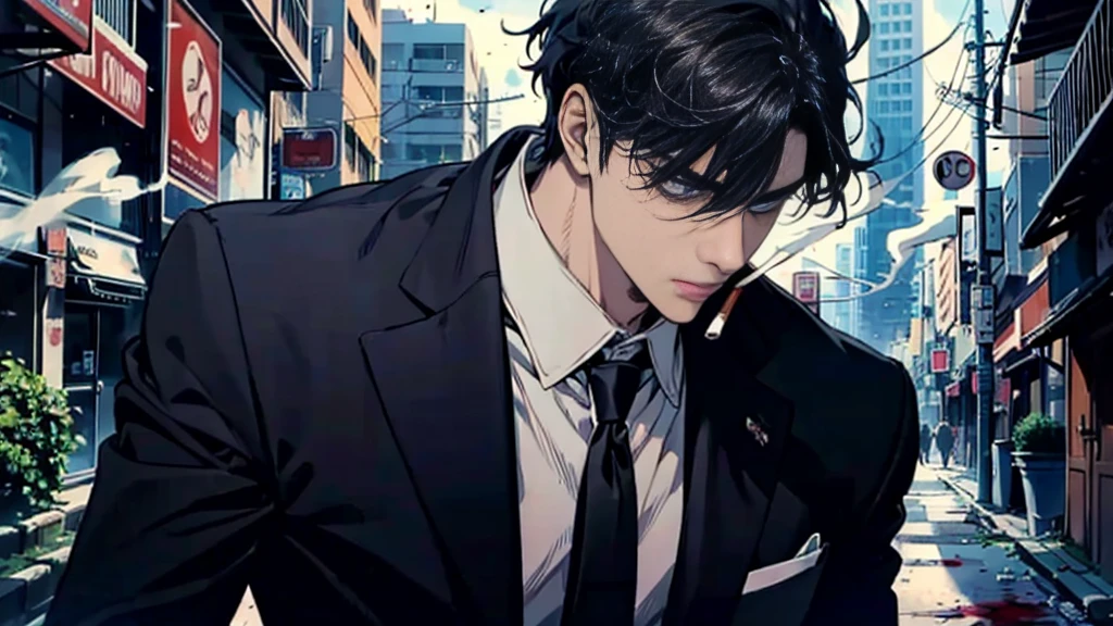 1 boy , black hair , blue eyes , Smoking , bad boy , mafia , wearing a black suit , wound , Masterpiece , best quality , smoke , Blood stains. , Handsomeness , Good skin , nonsense , cool ,