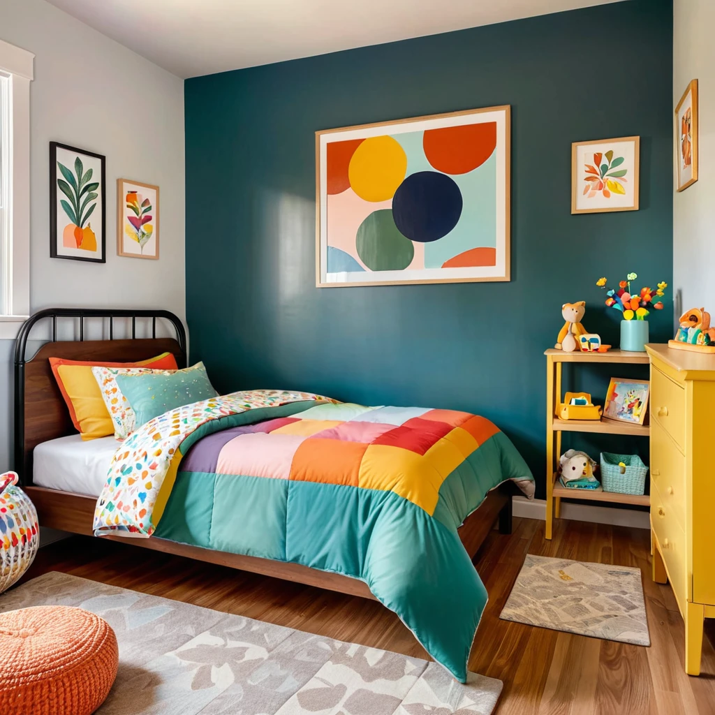 inside of a small childs room, there is a bed with a colorful comforter, painted walls iron bark, radiant morning light, a picture on a nightstand