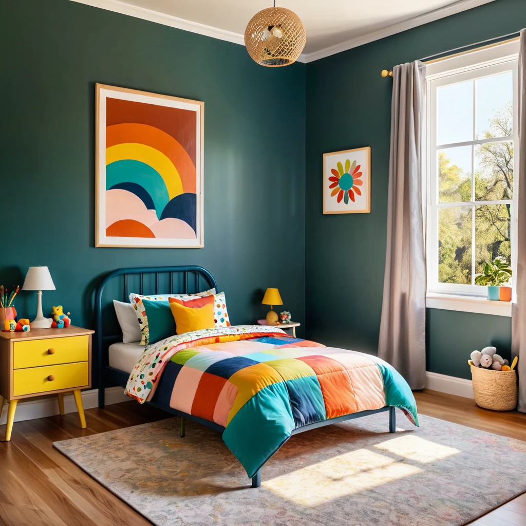 inside of a small childs room, there is a bed with a colorful comforter, painted walls iron bark, radiant morning light, a picture on a nightstand