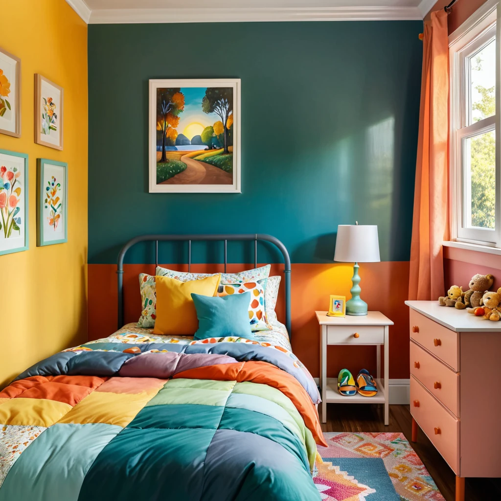 inside of a small childs room, there is a bed with a colorful comforter, painted walls iron bark, radiant morning light, a picture on a nightstand
