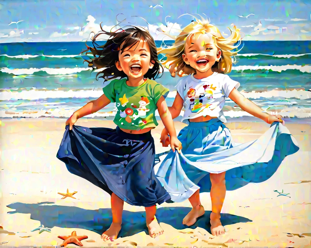 2 girls, 4 years old, playing in backgorund in beach, use tshirt and long skirt, look at viewer, laughing