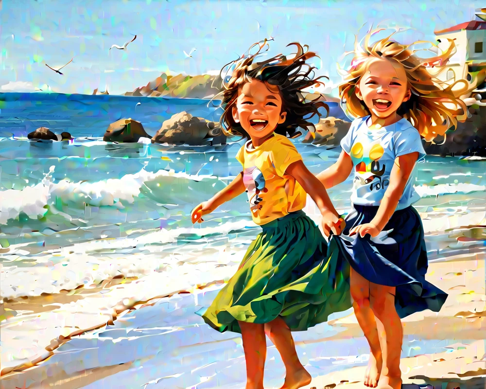 2 girls, 4 years old, playing in backgorund in beach, use tshirt and long skirt, look at viewer, laughing