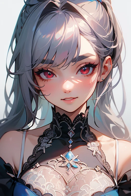 (Highest quality, masterpiece:1.2), (High resolution, 最高masterpiece).(difficult).Very detailed, Realistic:1.37, Fantasy, An illustration,Gray Hair、 Red eyes、Queen, White and blue dress、beautifully、Eyeshadow Red、Thick eyebrows、Long eyelashes、pupils are black、shiny on the lips、Top Sites、Queen、Princess、A kind smile、Show your teeth a little and smile、Soft impression、people々々々々Loved by、Slimming the face、Shoulder Bare、ponytail、Kissing Face、Long white hair、Shaggy Bangs、Save face image、((Lace Underwear)).sexy、