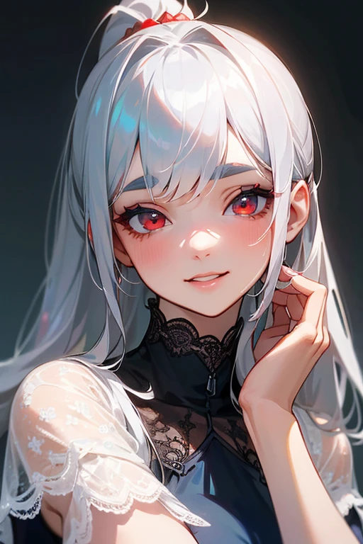 (Highest quality, masterpiece:1.2), (High resolution, 最高masterpiece).(difficult).Very detailed, Realistic:1.37, Fantasy, An illustration,Gray Hair、 Red eyes、Queen, White and blue dress、beautifully、Eyeshadow Red、Thick eyebrows、Long eyelashes、pupils are black、shiny on the lips、Top Sites、Queen、Princess、A kind smile、Show your teeth a little and smile、Soft impression、people々々々々Loved by、Slimming the face、Shoulder Bare、ponytail、Kissing Face、Long white hair、Shaggy Bangs、Save face image、((Lace Underwear)).sexy、
