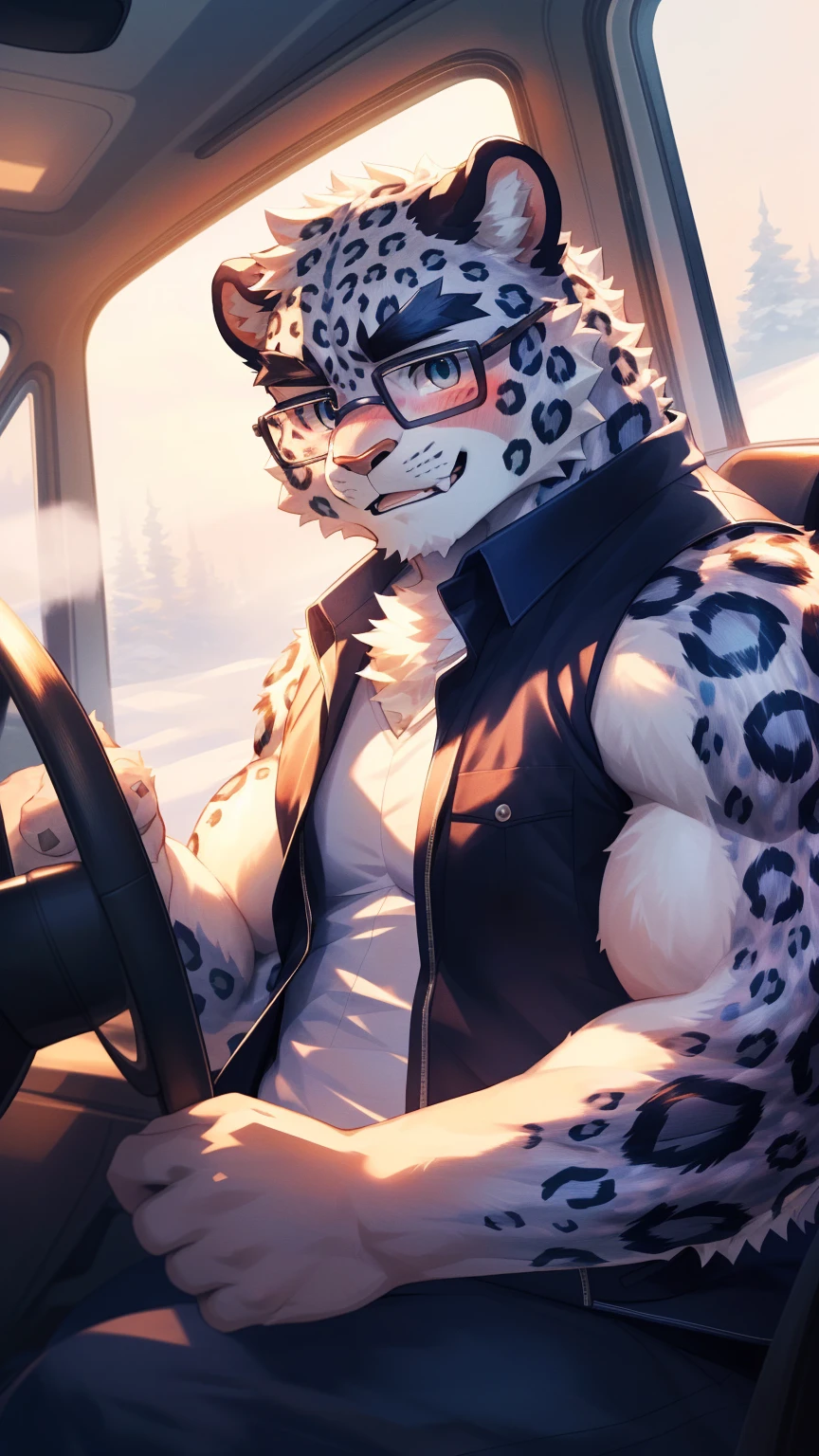 (Vision:1.5), solitary, anthropology, hairy, hairy male, snow leopard, ((Fluffy fur, Fluffy, hairy body)), (snow leopard print), (Thick eyebrows), youth, muscular, White and big skin, Blue-gray pupils, Detailed teeth, defaced face, fundos, driver, Vest, 卡车driver帽, Glasses, cab里, Driving, sideways, Shy expression, A faint smile, blush, (Dynamic poses:1.5), Clear facial features, Strong, majestic, alone, panoramic, Fog atmosphere, early morning, Tyndall Light Effect, cab, Sunlight through the car window, (By Empty Ghost, From snow leopard20, masterpiece, high quality, high resolution,8K)