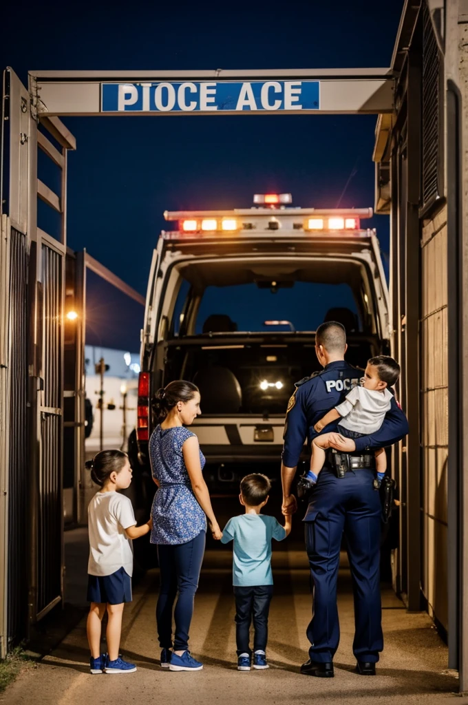 A police officer coming home and her wife and their children is happily waiting