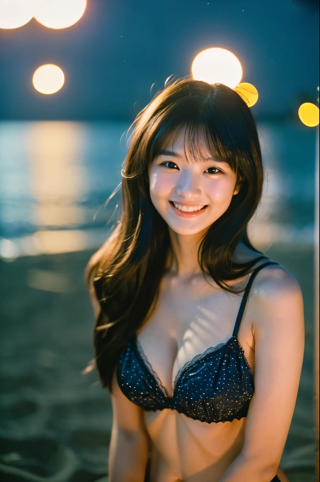 A 20-year-old woman with a very cute face like an idol、Smiling Kindly、((leica 50 mm prime lens, cinestill 800T film))、((cinematic lighting))、(Cleavage)、(((Beautiful starry sky on the beach at night)))、((Very dim lighting))、((Don't expose your face to the light))、((Long-distance shot))、(live-actionと見分けがつかない高品質)、RAW Photos、Genuine、live-action、(Artistic Expression)、High resolution、masterpiece