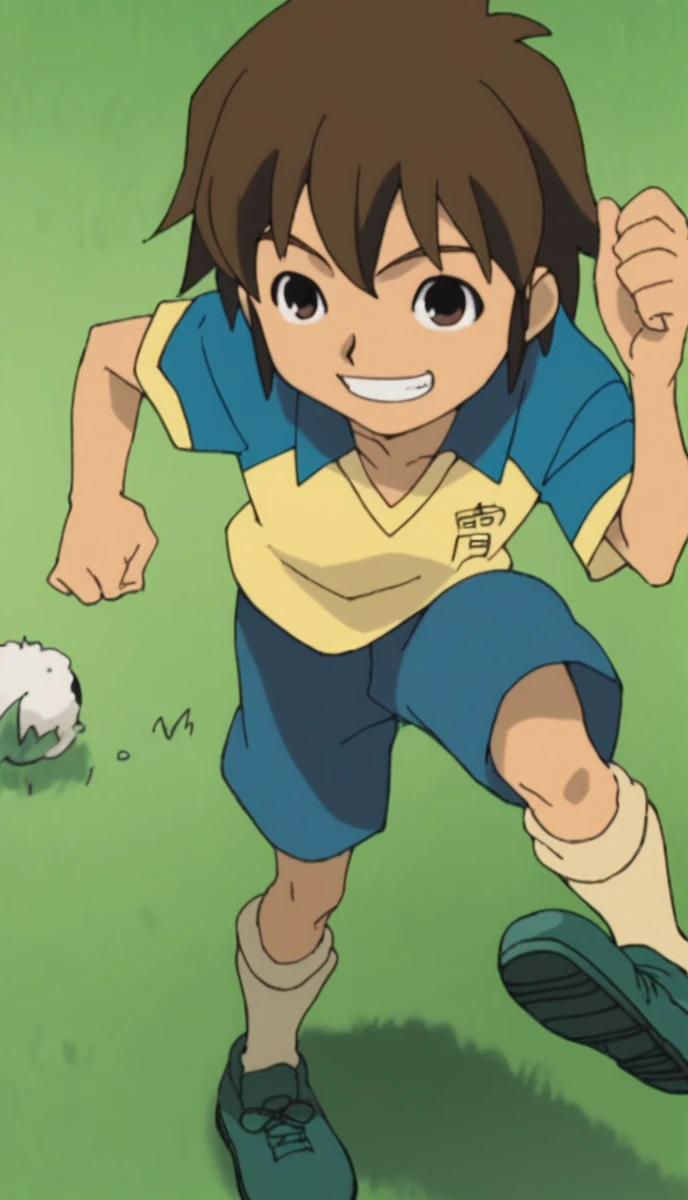 anime, One boy, Handa Shinichi, Brown Hair, Brown eyes, Raimon Soccer Uniform, Pause, smile, , View your viewers, One boy, Handa Shinichi, Brown Hair, Brown eyes, Raimon Soccer Uniform, Pause, smile, View your viewers, Eat rice balls、piece、No background