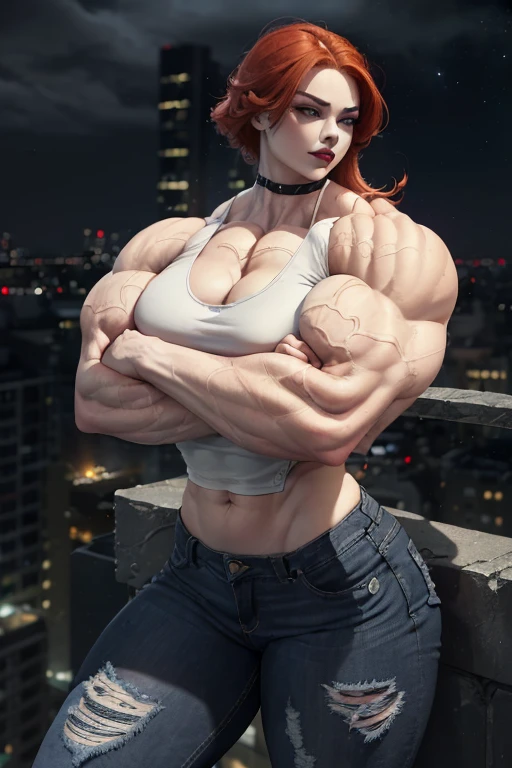(((((Massive, beautiful, buff, pale white skinned muscular asian woman with red hair, black lipstick, ginormous bulky muscles, leaning on a ledge crossed arms and wearing a black tank top with tight denim jeans))))), (close view), massive muscles, hyper muscles, long hair, ((black leather tank top)), yellow eyes, (spiky gauntlets), choker, ((tight denim jeans)), black boots, (in the Darkened city), (Dark and moody universe:1.4), closed smile, night, 