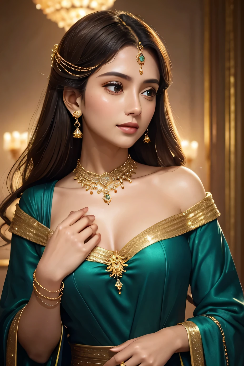 Extremely close-up on glittering golden clover-leave long necklace on a lady's neck, while her hand reach the necklace. The surrounding fill with glowing tiny gold particles, scattering the lady loose royal teal blouse.