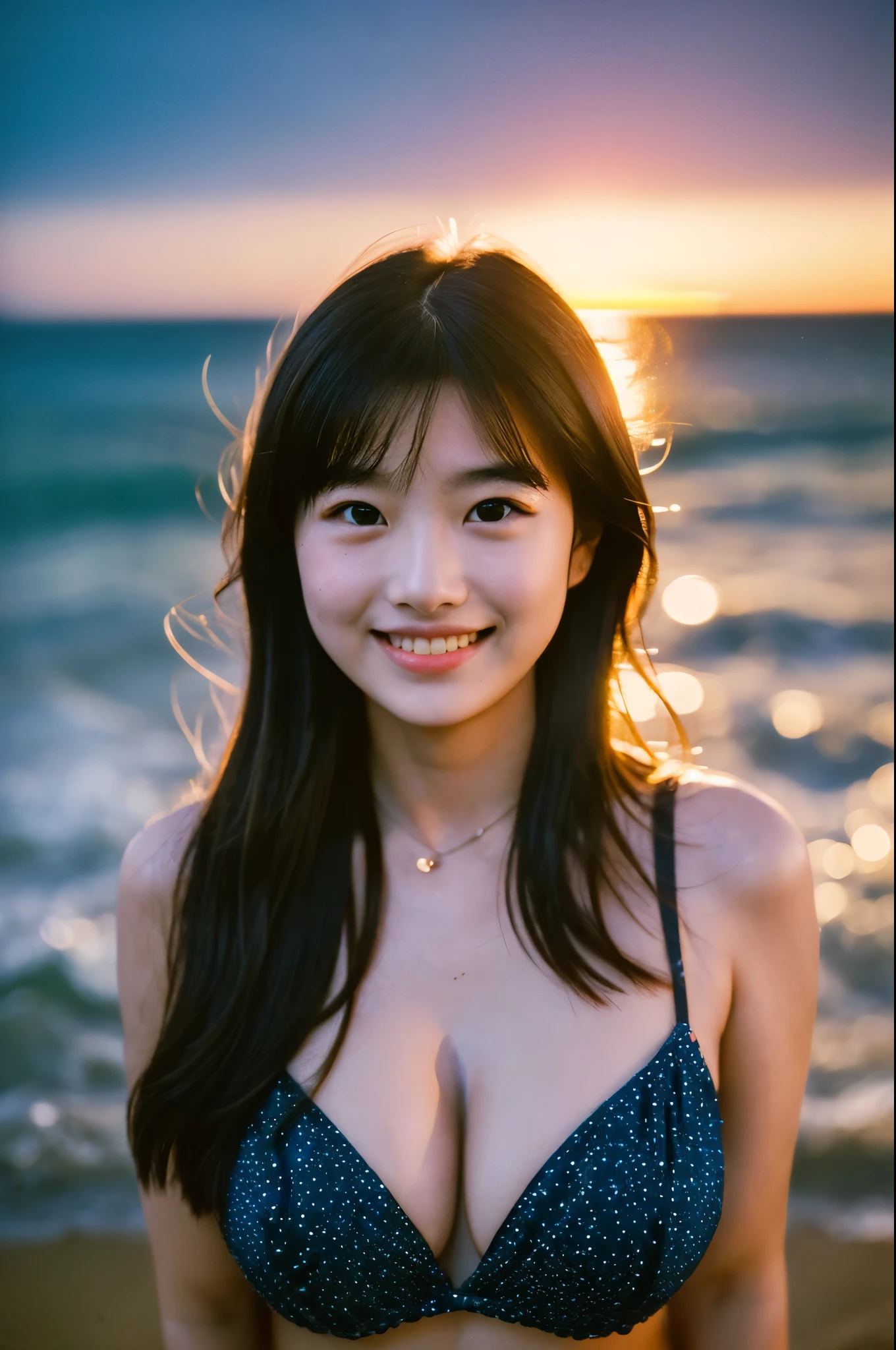 A 20-year-old woman with a very cute face like an idol、Smiling Kindly、((leica 50 mm prime lens, cinestill 800T film))、((cinematic lighting))、(Cleavage)、(((Beautiful starry sky on the beach at night)))、((Very dim lighting))、((Don't expose your face to the light))、((Long-distance shot))、(live-actionと見分けがつかない高品質)、RAW Photos、Genuine、live-action、(Artistic Expression)、High resolution、masterpiece