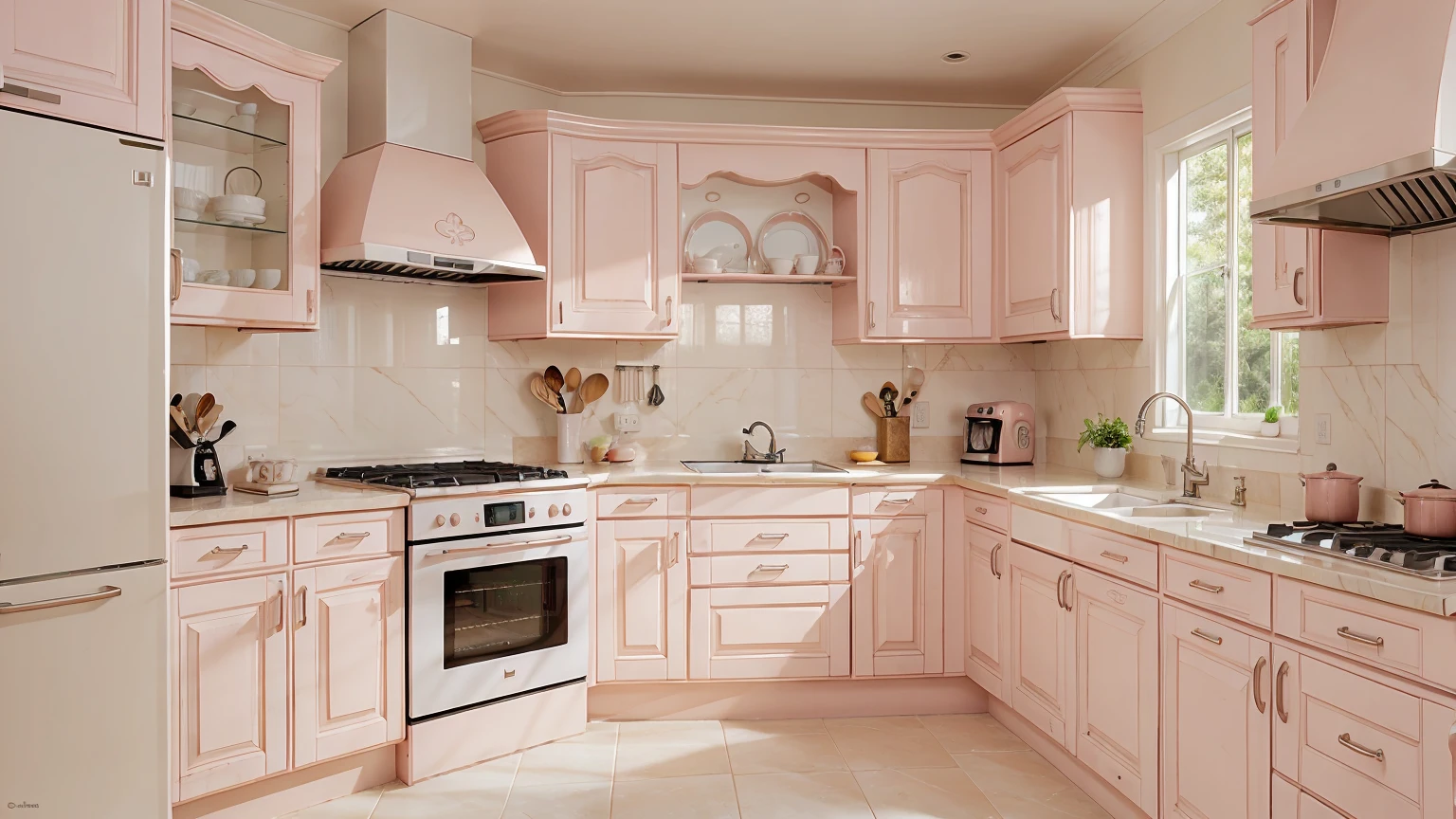 G Shaped Kitchen Design In Blush Pink And White