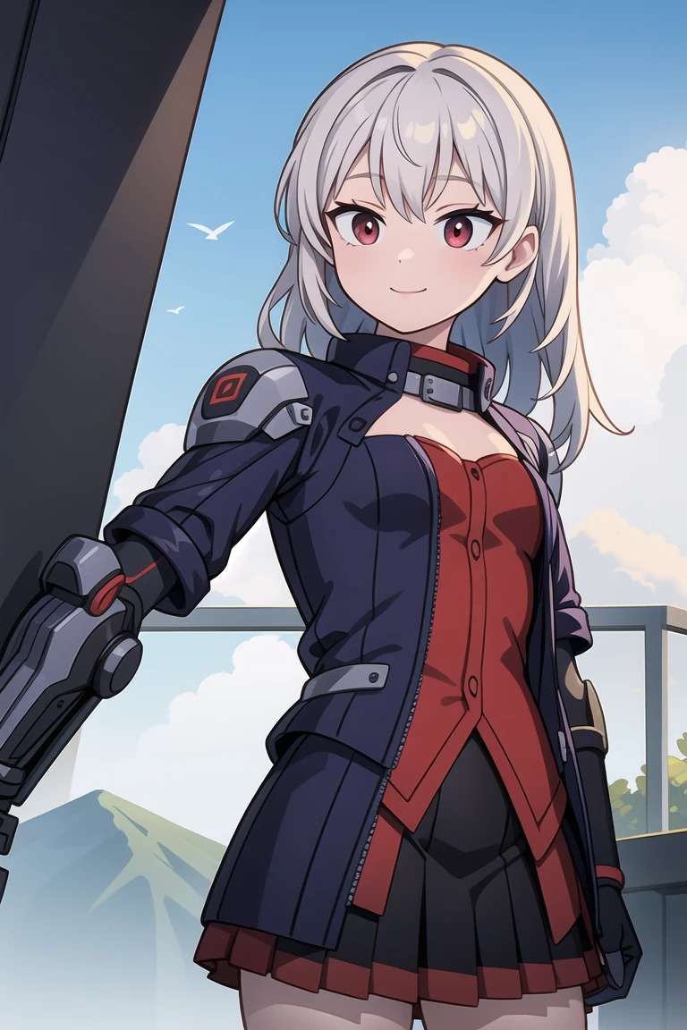 (masterpiece,best quality,ultra highres,ultra detail,novel illustration:1.4),1girl,cowboy shot,ard3nSW,nikkesw,Yang_RWBY,(mechanical arm,single mechanical arm,prosthesis),white hair,red eyes,long hair,flat chest,smile,(frilled dress:1.2)