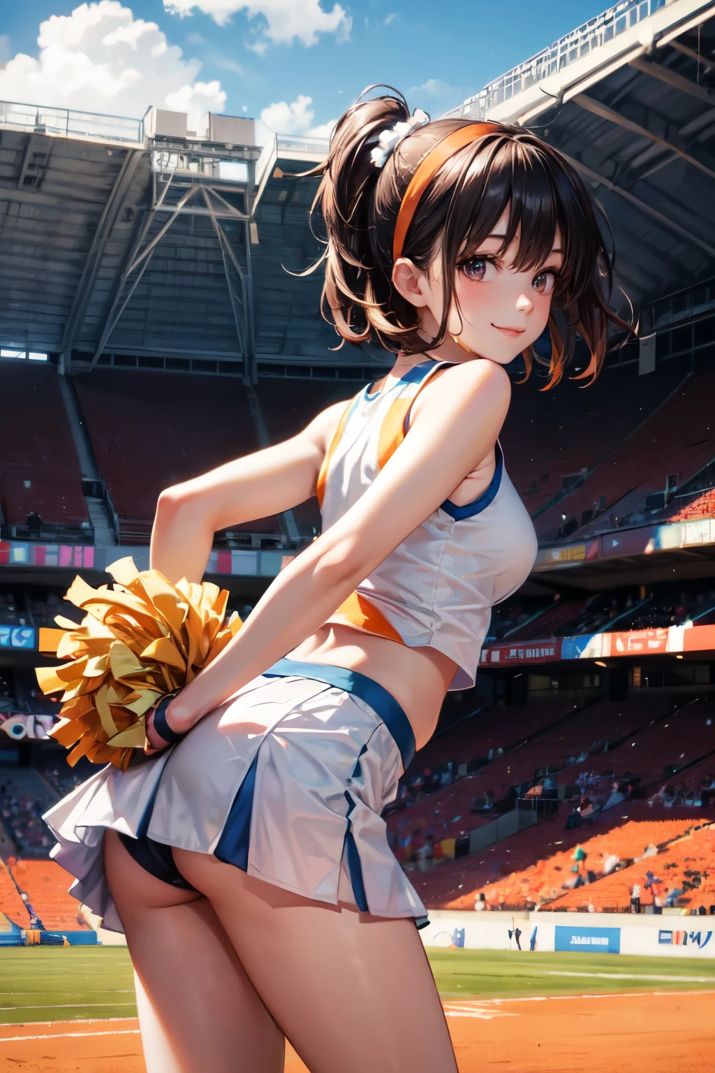 very cute and beautiful cheerleader girl,(highly detailed beautiful face),(holding pom poms:1.1),(smile:1.3),happy, (stadium stands),cowboy shot,(leaning forward),(sleeveless orange cheerleader shirt),beautiful legs,(looking back,from behind), looking at viewer,black hair,hair band, (best quality,masterpiece),absurdres,highres,ultra-detailed,extremely detailed,32k,8k resolution, intricate details,cinematic scene,detailed background,solo,dynamic angle, hair fluttering in the wind,beautiful detailed sky,realistic,